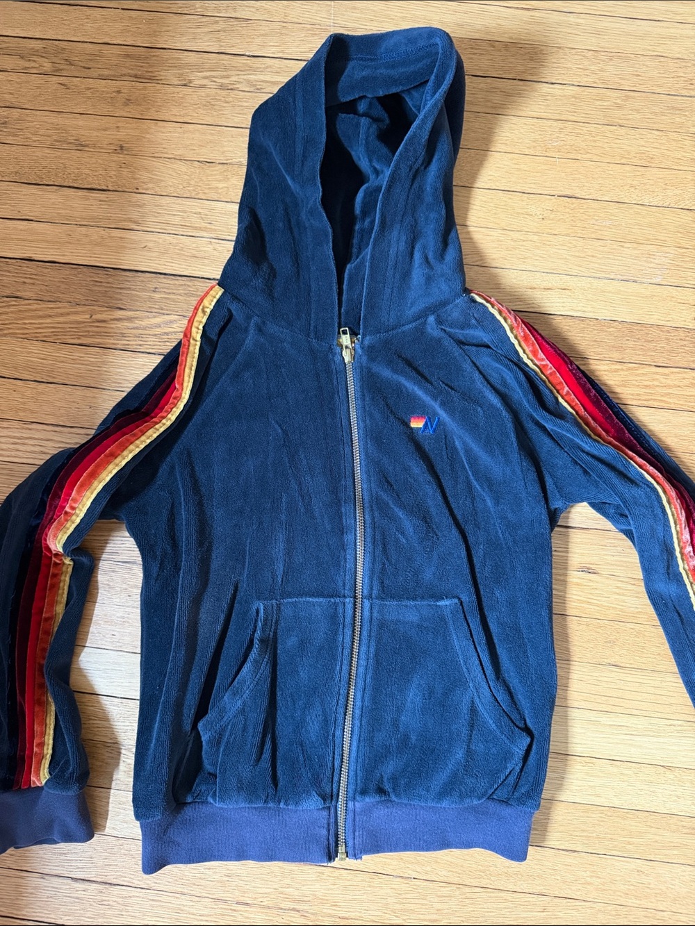 Aviator Nation Navy Zip Hoodie with Rainbow Shoulder Stripes